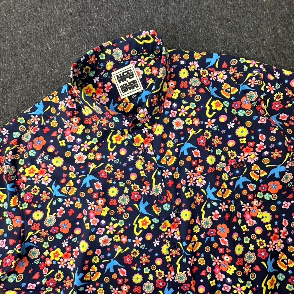 RSVLTS New Found Glory Men 3XL Blue Floral KUNUFLEX Short Sleeve Button Down
